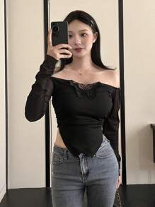 SHEIN LUNE 极简主义露肩蝴蝶贴花不对称下摆 T 恤，适合通勤 - 黑色 - 查看 5