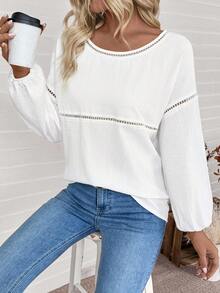 Chiquease Áo sơ mi tay đèn lồng cổ tròn màu trắng giản dị, thiết kế tối giản, trang phục hàng ngày, mùa thu - trắng - Xem 4