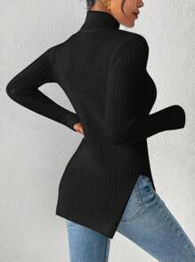 SHEIN Frenchy Damen Lässig einfarbiger Pullover mit hohem Kragen, Schlitzsaum und figurbetonter Form