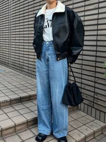 FRIFUL 女士休闲PU皮夹克，撞色翻领，落肩设计，常规版型，秋冬女式外套 - 黑色 - 查看 2