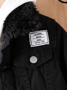 SHEIN Veste en denim doublée thermique mignonne noire à manches longues avec col châle pour bébés garçons, pour les tenues d'intérieur/extérieur des bébés garçons en automne/hiver