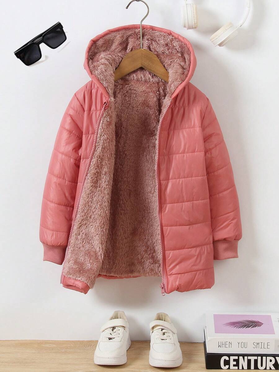 SHEIN Elladie kids Young Girl Casual Thickened Quilted Hooded Zip-Up Jacket, Winter - Dusty Pink - View 1