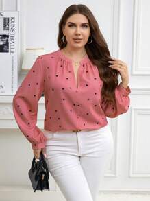SHEIN Clasi Plus Size Women Heart Pattern Cut-Out Blouse, Suitable For Everyday Wear, Autumn - Dusty Pink - View 3