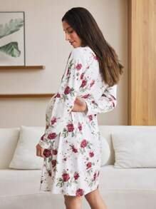 SHEIN Maternity Floral Dolman Sleeve Wrap Tie Front Nursing Dress For Pregnant Women, Autumn