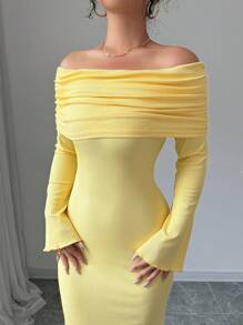 Rafferiza Váy len dệt kim co giãn nhún bèo trễ vai thanh lịch quyến rũ màu mù tạt với thiết kế viền đuôi cá peplum, dành cho mùa đông - Màu vàng - Xem 5