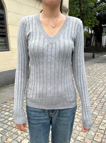 SHEIN EZwear 女士休闲纯色修身长袖毛衣，秋季 - 灰色 - 查看 6