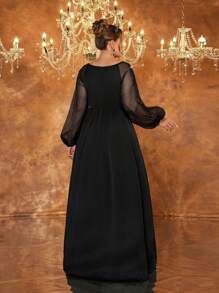 SHEIN Belle Plus Size Black Handmade Embroidered 3D Pearls Satin & Denim A-Line Slit Elegant Formal Evening Gown, Long Sleeve Prom Dress, For Wedding Guest, Graduation, Dinner