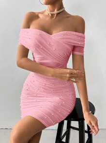 Firerie Women's White Open Shoulder Short Sleeve Bubble Faux Pearl Fitted Dress,Pastel Dresses For Women - Pink - View 5