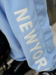 2 件套青少年男孩字母印花拉链连帽衫，带口袋和羊毛裤 - 藍色 - 查看 5