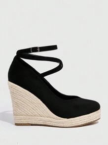 Styleloop 女式扣飾踝帶帆布鞋,春夏度假黑色仿麂皮內增高平底繩織底鞋 - 黑色 - 查看 3