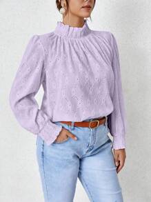 Franclia Áo kiểu nữ cỡ lớn màu trơn khoét rỗng, cổ bèo nhún, tay dài, chất liệu jacquard, thích hợp cho mùa xuân/thu. - Màu tím hoa cà - Xem 5