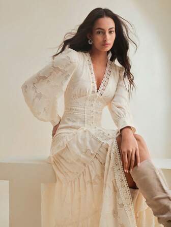 Anewsta V-Neck Puff Sleeve Cinched Waist Elegant Dress Maxi Women Outfit