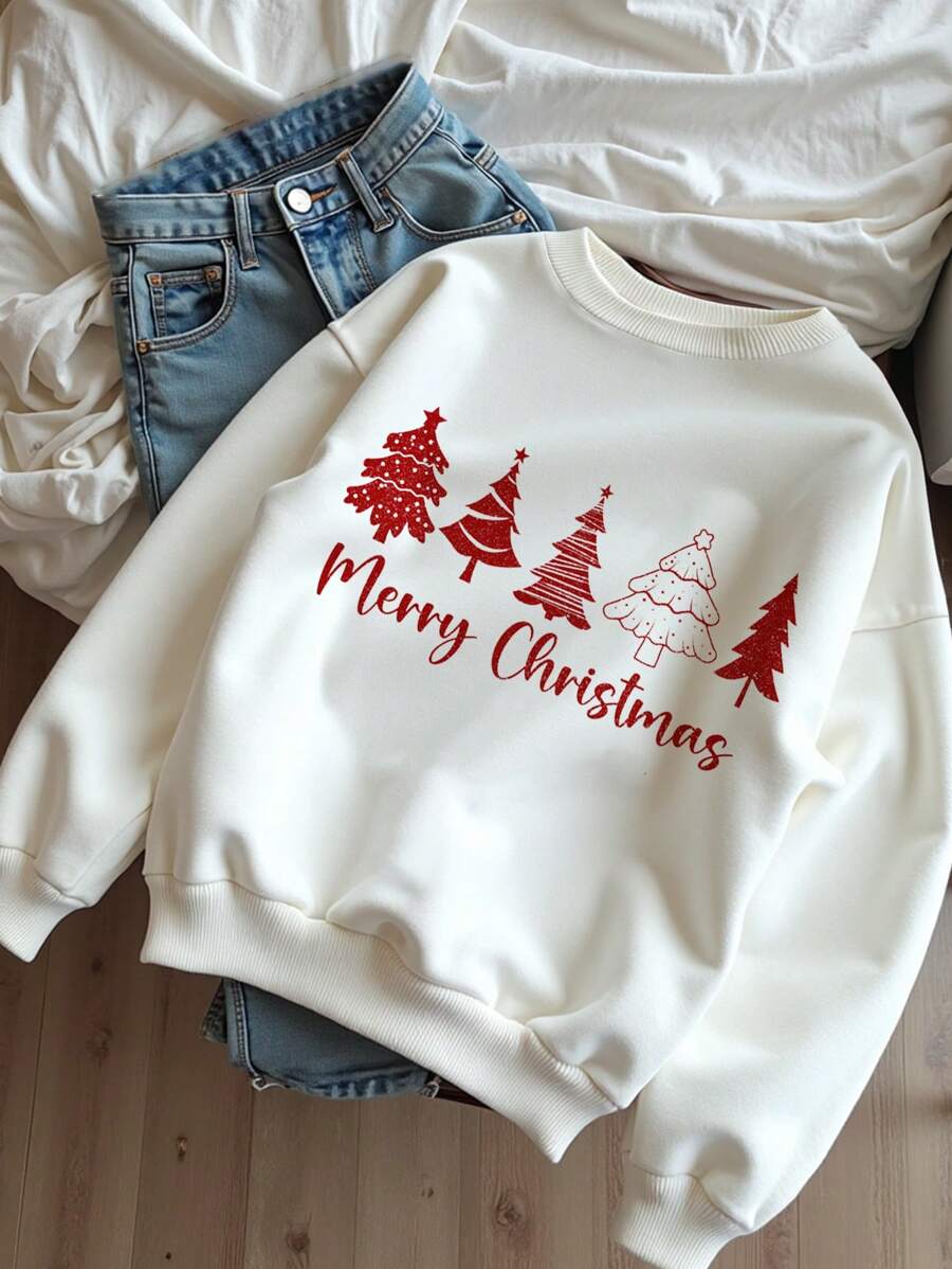 SHEIN Tween Girl Casual Simple Christmas Tree Pattern Loose Crew Neck Thick Sweatshirt Suitable For Autumn & Winter - White - View 1