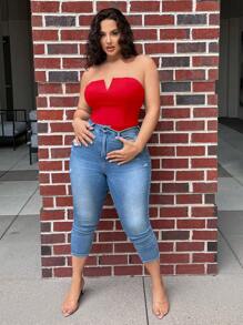 SHEIN SXY Plus Size Solid Color Simple Fitted Bodysuit, Casual Everyday Wear