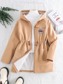 SHEIN Leap Crew Teen Girl's Khaki Thermal Lined Letter Pocket Hoodie Thick Warm Long Waist Coat, Autumn & Winter