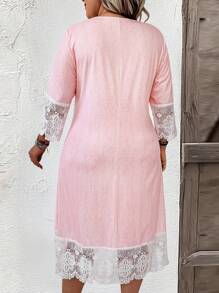SHEIN LUNE Plus Size Fashion Casual Color Block Lace Patchwork Dress - Pink - View 2
