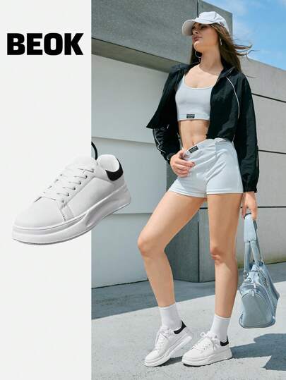 Beok Women Casual Sports Shoes White Round Toe Lace Up Thick Sole Platform Sneakers Lightweight Soft Comfortable Halloween Christmas Student Shoes Skateboarding Shoes Fall Winter Casual Sports Shoes