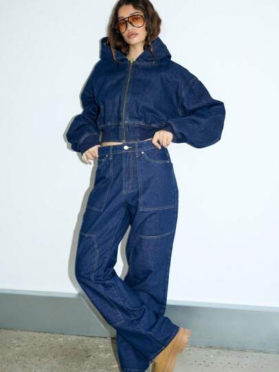 AiiRZ 连帽牛仔拉链短款夹克实用风格工作服时尚飞行员夹克冬季秋季春季 Y2K 街头风格结构化日常休闲