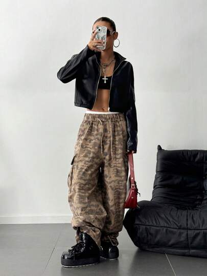 StreetHx Chaqueta corta informal de estilo urbano de mujer, con cremallera, color negro