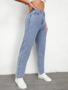 女士直筒拼布毛边休闲牛仔裤 - 淺色水洗藍 - 查看 4