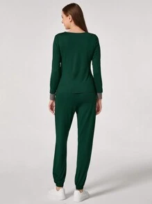 TaskEZ 2pcs Women Color Block V-Neck Long Sleeve Top And Tie Waist Pants Nurse Scrub Uniform Set