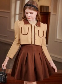 3pcs/Set Tween Girl Collared Jacket, Tank Top & Pleated Skirt Casual Suit, School Style - Coffee Brown - View 6