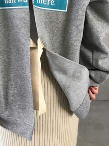 FRIFUL Women Slogan Print Drop Shoulder Long Sleeve Back Vent Hem Casual Pullover Sweatshirt, Autumn/Winter,Fall Women Clothes