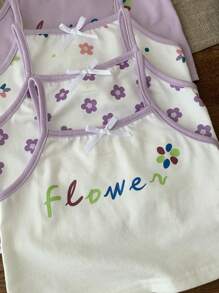 SHEIN Conjunto de 4 piezas de top corto de camisola acanalado con estampado floral y de letras para niña joven, con tirantes ajustables, en tonos morados