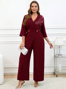 SHEIN Clasi Bộ đồ liền thân thanh lịch tay 3/4 có ve áo cổ vá sequin cỡ lớn cho nữ - Màu Đỏ Sâu - Xem 5