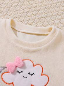 2 件套年轻女孩杏色简约可爱兔子印花紧身长袖运动衫和长裤休闲家居服套装 - 杏色 - 查看 6