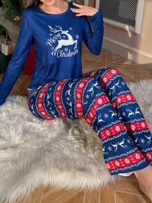 CoupledUp Reindeer Print Loose Long Sleeve Top & Pants Pajama Set For Women, For Christmas, Fall Winter Clothes - Blue - View 4