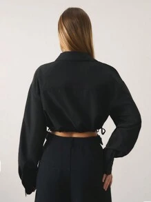 SHEIN Unity Women's Casual Simple Solid Color Drawstring Hem Cropped Shirt - Black - View 2