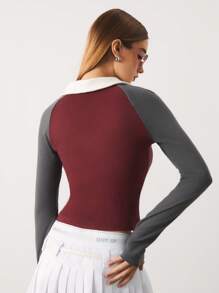SURIMA Camiseta larga de manga larga con cuello en V, de terciopelo acanalado y bloque de color, cálida, para otoño/invierno, para mujer