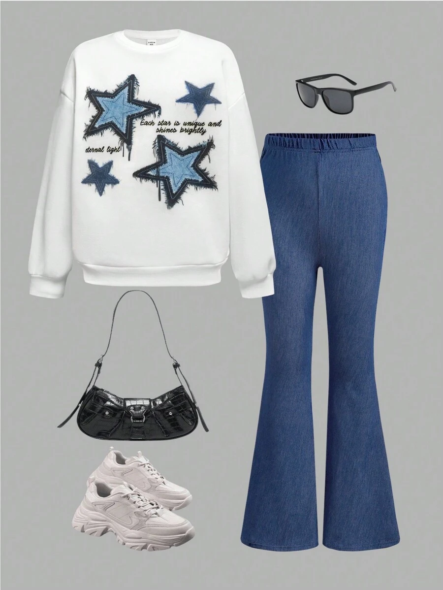 SHEIN Leap Crew Tween Girl 休闲针织圆领羊毛运动衫和印花喇叭牛仔裤套装 - 藍色 - 查看 1