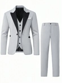 Manfinity Mode 2pcs Men's Contrasting Collar Jacket And Trousers Suit - Grey - View 4
