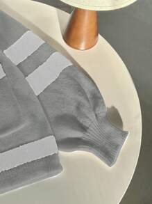 SHEIN Unity 女式休闲拼色双口袋字母压纹纽扣正面开衫，秋冬 - 灰色 - 查看 5