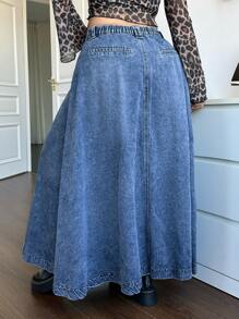 SHEIN ICON 大码蓝色休闲宽松 A 字牛仔裙 复古牛仔万圣节服装 复古优雅女式高腰休闲 A 字喇叭裙 返校节外出裙 圣诞服装 秋季裙 秋装 感恩节裙 栗色裙 秋季长裙 冬裙 冬季女装 - 藍色 - 查看 2