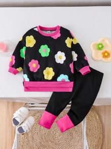 SHEIN Bộ 2 món áo nỉ hở vai in họa tiết hoa nhiều màu sắc cho bé gái và quần legging bó màu tương phản - màu đen - Xem 1