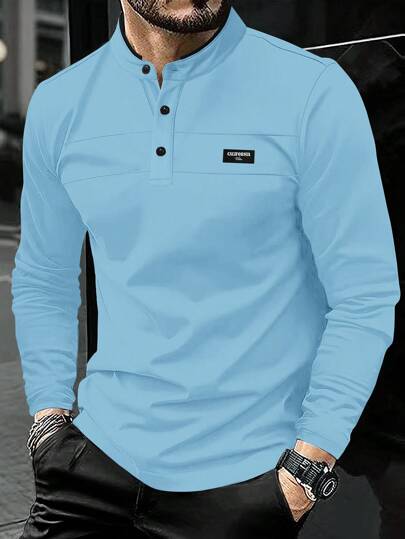 Manfinity Homme 男士休闲字母印花长袖 Polo 衫，适合通勤，秋季