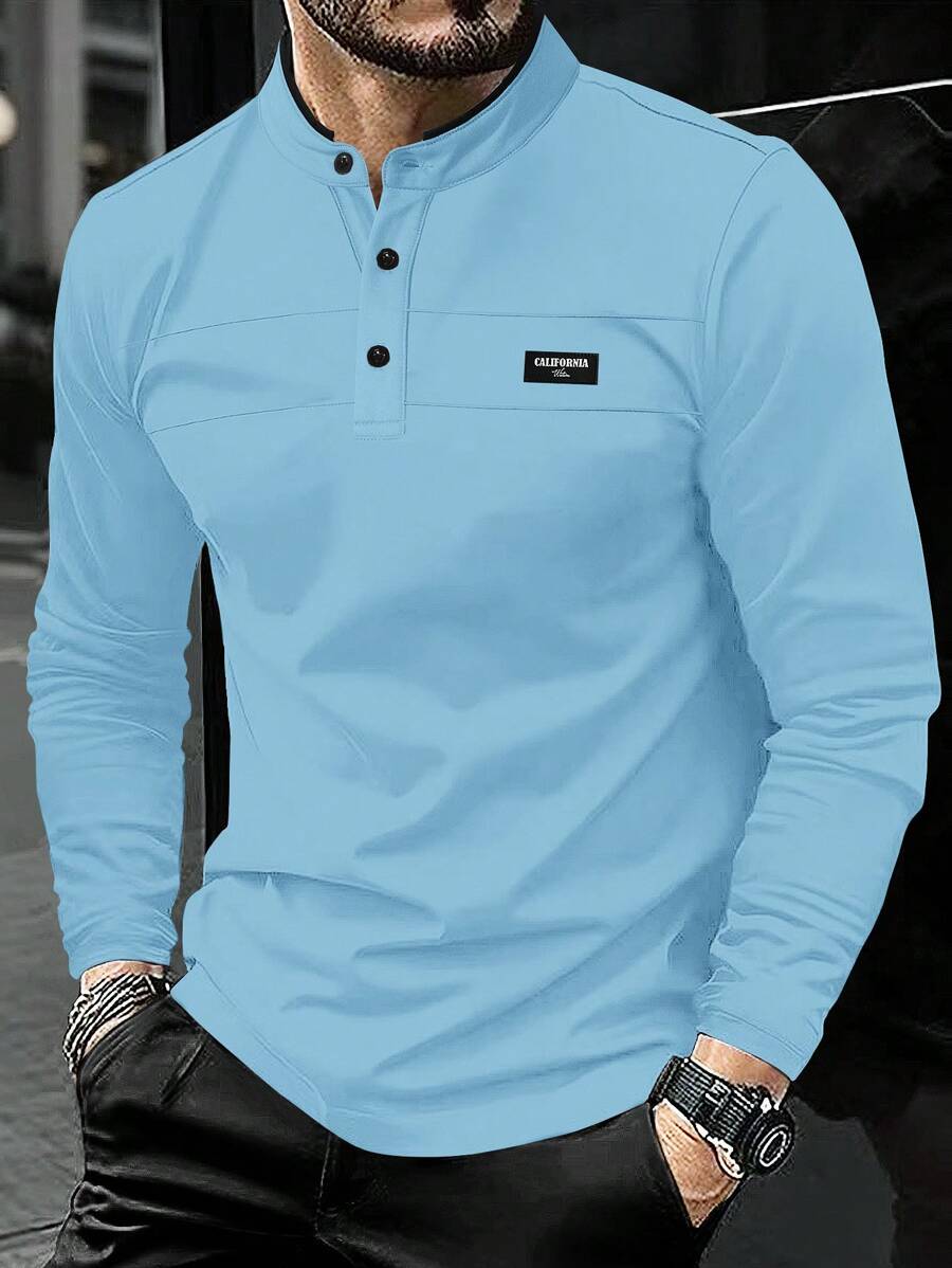 Manfinity Homme 男士休闲字母印花长袖 Polo 衫，适合通勤，秋季 - 淺藍色 - 查看 1