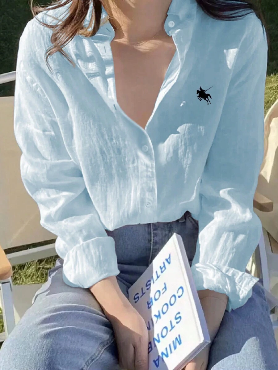 INAWLY Women's Shoulder Drop Knight Pattern Long Sleeve Casual Shirt, Spring/Fall,Long Sleeve Tops - Baby Blue - View 1