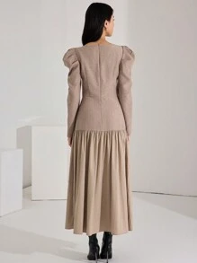 Modelyn 1pc Women's Elegant Contrast Color Block Gigot Sleeve Dress, Autumn Long Evening Dresses