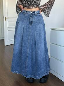 SHEIN ICON 大码蓝色休闲宽松 A 字牛仔裙 复古牛仔万圣节服装 复古优雅女式高腰休闲 A 字喇叭裙 返校节外出裙 圣诞服装 秋季裙 秋装 感恩节裙 栗色裙 秋季长裙 冬裙 冬季女装 - 藍色 - 查看 5