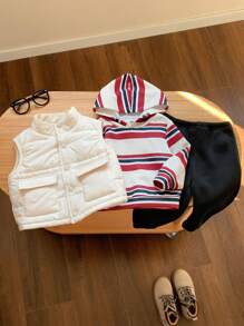 SHEIN 3pcs Set Baby Boy/Girl Autumn/Winter Warm White Fleece Jacket Vest Striped Hoodie Sweatshirt And Pants, Suitable For Outdoor, Skiing