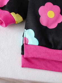 SHEIN Bộ 2 món áo nỉ hở vai in họa tiết hoa nhiều màu sắc cho bé gái và quần legging bó màu tương phản - màu đen - Xem 4