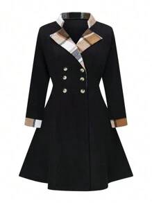 SHEIN LUNE Áo khoác dài tay kẻ caro và đen cỡ lớn cho nữ - màu đen - Xem 1