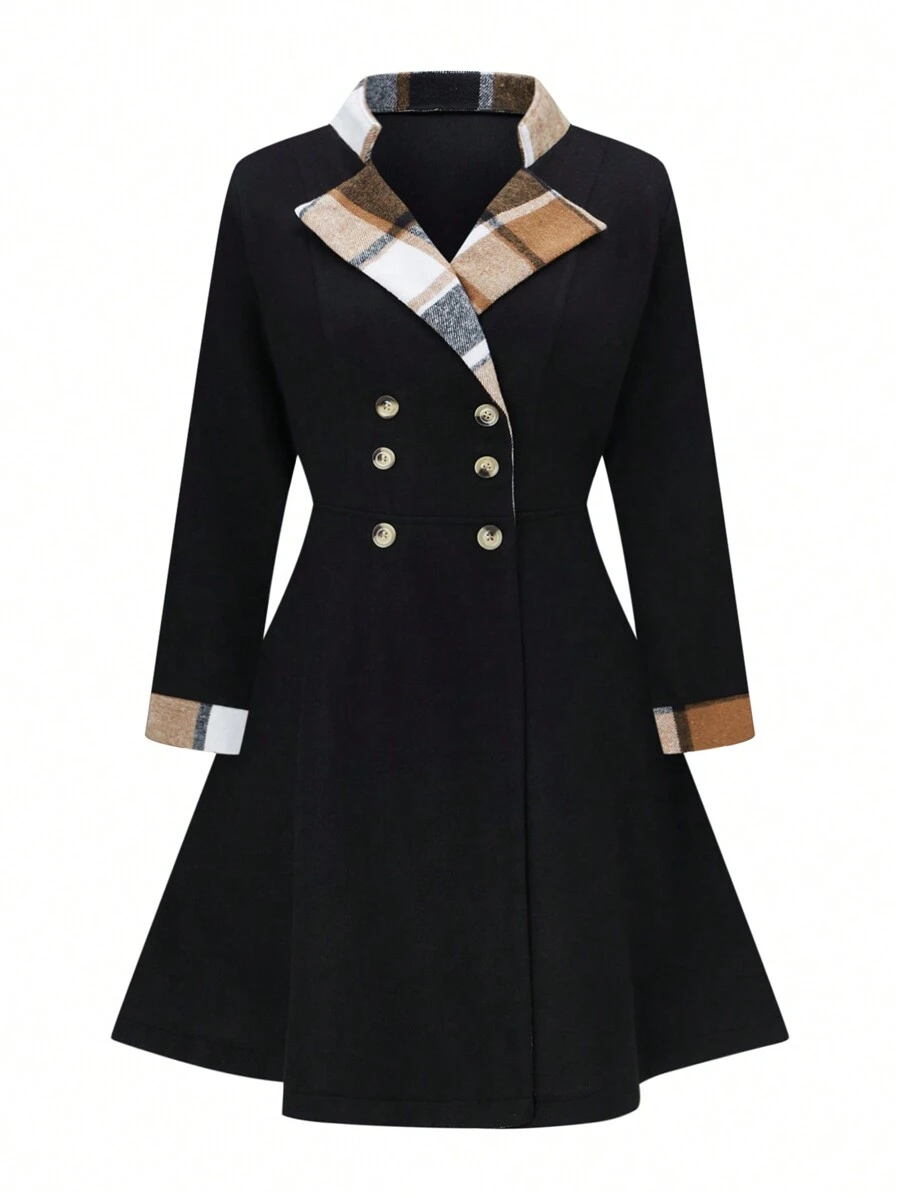 SHEIN LUNE Áo khoác dài tay kẻ caro và đen cỡ lớn cho nữ - màu đen - Xem 1