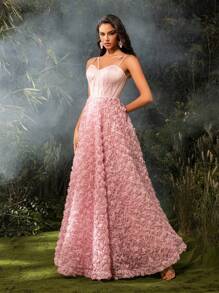 玫瑰花瓣设计无袖高低腰连衣裙、派对礼服、婚礼宾客礼服、正式礼服、晚礼服、长袍 - 粉色 - 查看 6