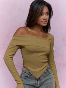 MISSGUIDED 不对称领口罗纹露肩头巾下摆长袖上衣 - 卡其色 - 查看 3