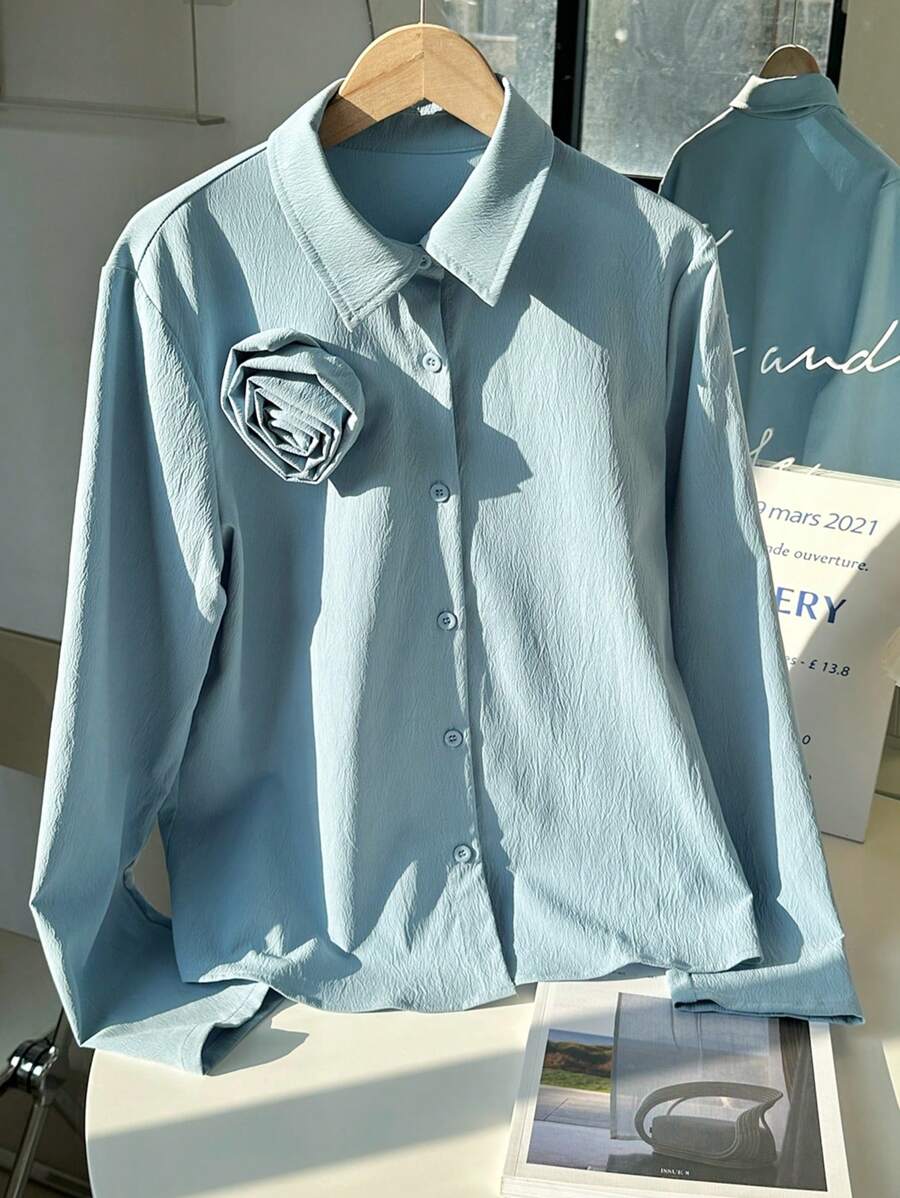 SHEIN Unity 秋季休闲纹理花卉简约纽扣长袖衬衫 - 藍色 - 查看 1